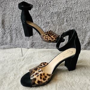Jessica Simpson Women's Sherron Clear‎ Leopard Block Heel Sandals Size 10M Black